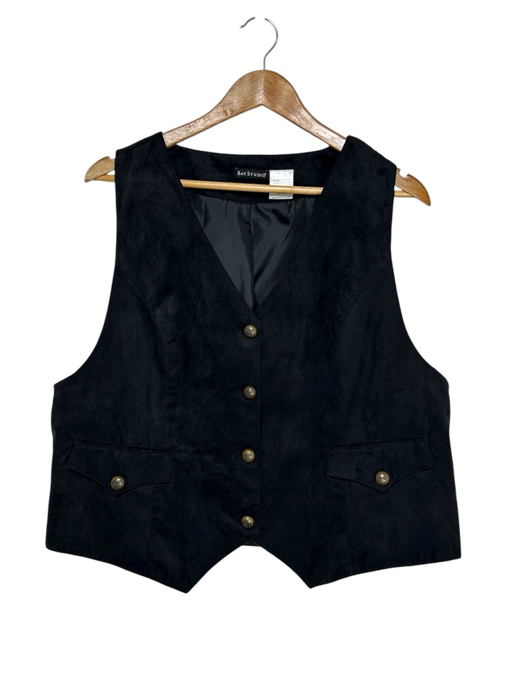Bay Studio Black Faux Suede Metal Button Pockets Lined Vest XL Cowgirl Biker